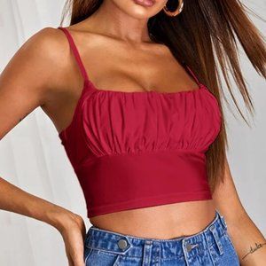 Deep red solid ruched bust cropped tank top